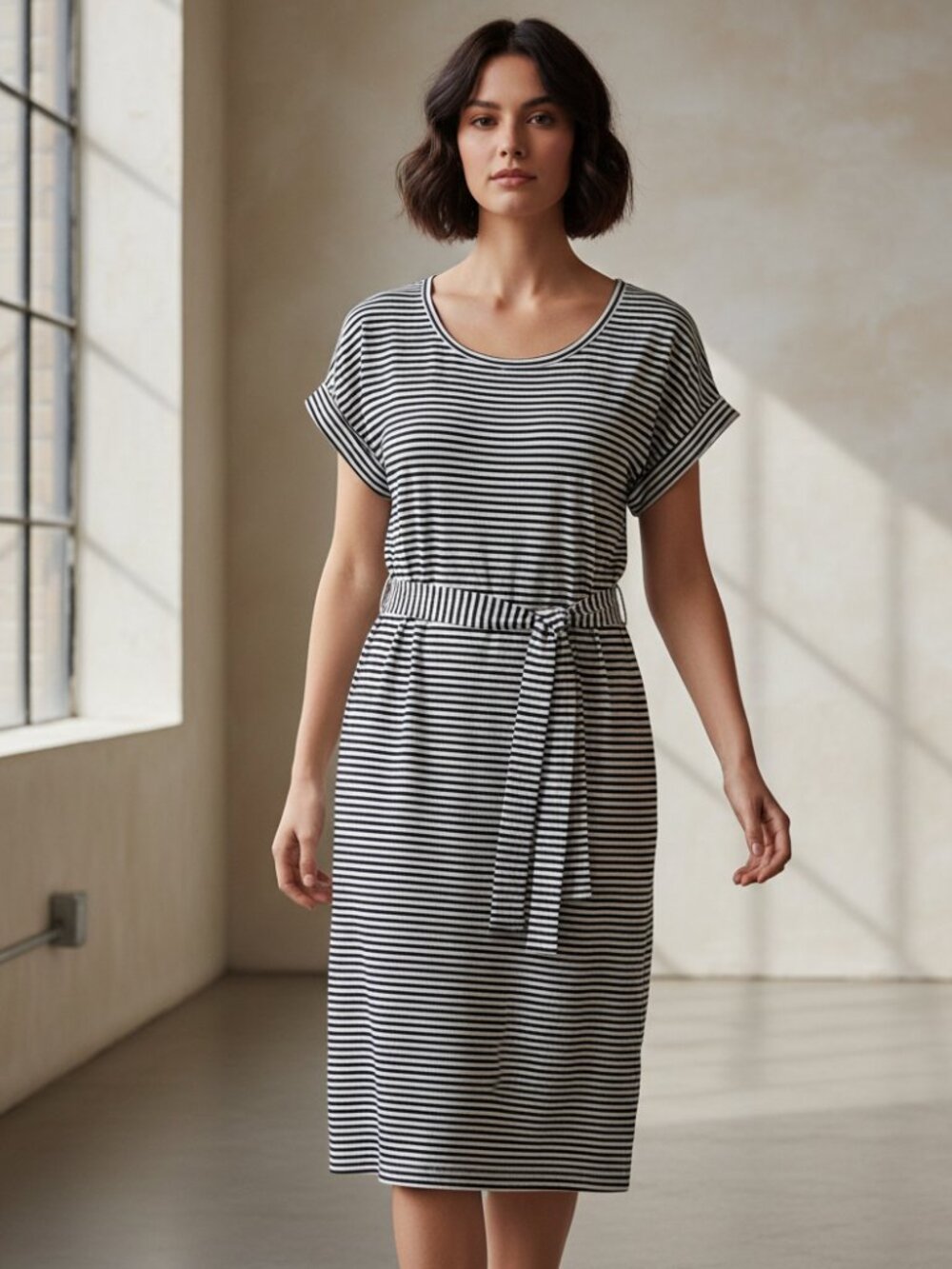 Miselon M Midi Dress Blue Black Striped Knit Tie Waist SS Minimalist Office